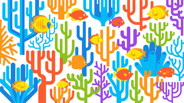 Colorful coral reef pattern with fish on white background, underwater