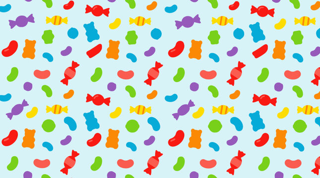 Assorted colorful candies on light blue background, candy pattern sweet, treat