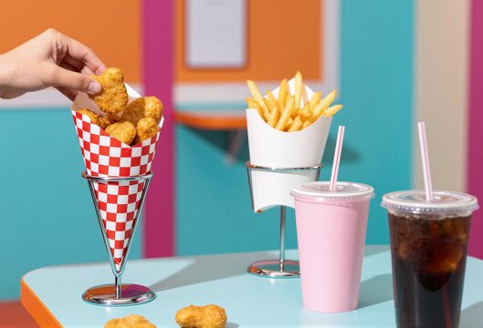 Hand picking chicken nugget at retro fast food diner