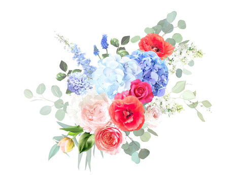 Bright roses, pink peony, blue hydrangea, poppy, ranunculus, greenery and branches floral vector bouquet. Bold colored watercolor. Blooming garden. Spring florals. Elements are isolated and editable