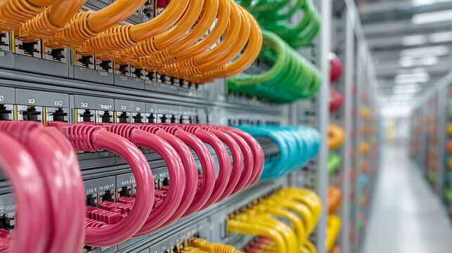 Ethernet cables in vibrant colors connect hardware ports within a high-density server rack to facilitate stable communication and high-speed data processing in a secure enterprise data center.