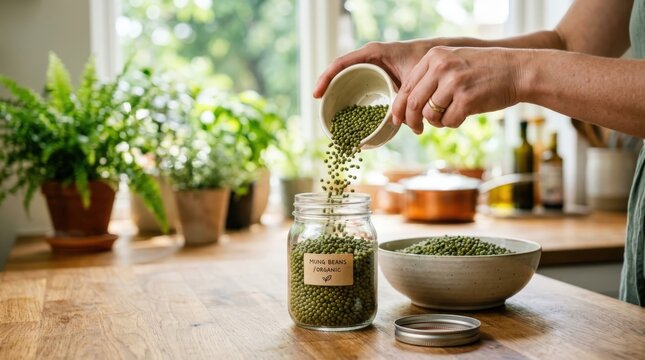Close up of female hands pouring fresh organic green mung beans into a clear glass jar on a wooden kitchen counter in a sunlit home setting perfect for healthy cooking and culinary storage ideas.