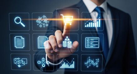 Naklejka premium Navigating the Future of Business A Businessman's Touch on Interactive Digital Interface Showcasing E-commerce Analytics and Data-Driven Insights for Growth