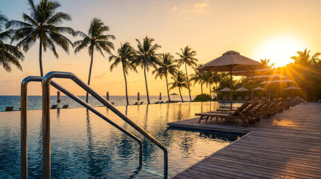 Tropical infinity pool at sunset, luxury resort swimming pool with palm trees, summer vacation background with golden hour light and ocean view