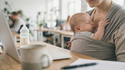 Fototapeta premium Mother working remotely with baby in carrier, office setting