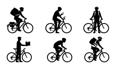 Naklejka premium Vector Silhouettes of Cyclists Delivering Packages, Riding Bikes with Backpacks, and Using Smartphones, Set of 6 Icons for Delivery and Urban Mobility