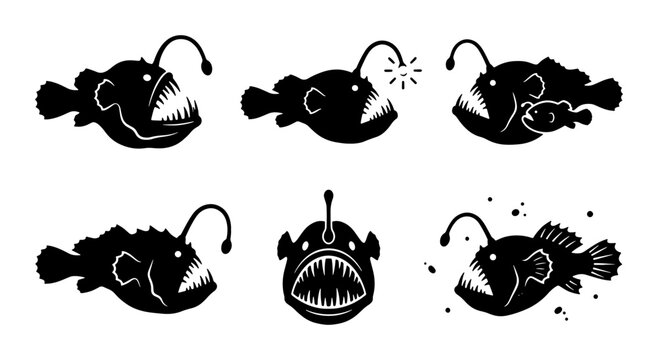 Anglerfish Vector Icons Set, Deep Sea Creature Silhouettes, Marine Life Illustrations, Underwater Predator Graphics