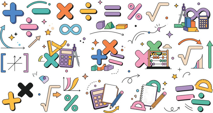 Mathematics Symbol and Calculation Collection Vector Illustration with Algebra Signs, Geometry Tools, Percentages, and Educational Math Design Elements