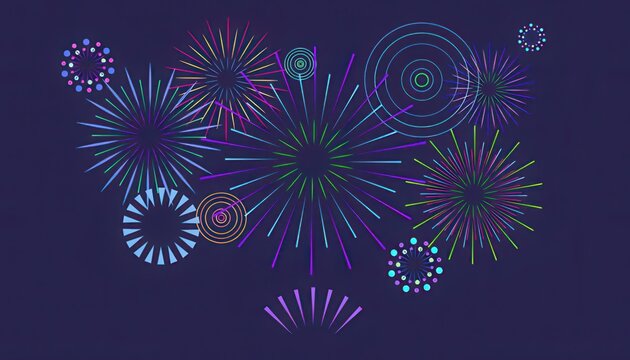 Colorful Abstract Fireworks and Geometric Burst Patterns on Dark Purple Background for Fes