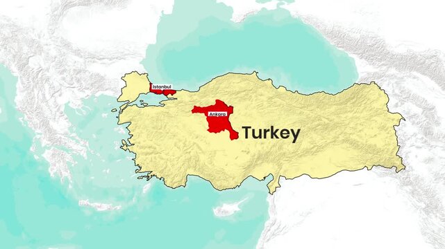 Animated map highlighting major cities, Istanbul, Ankara, and Izmir, within Turkey's borders