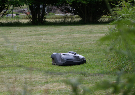 Robot tondeuse de pelouse dans un parc