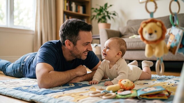 Father and baby smiling at each other on a playmat with toys