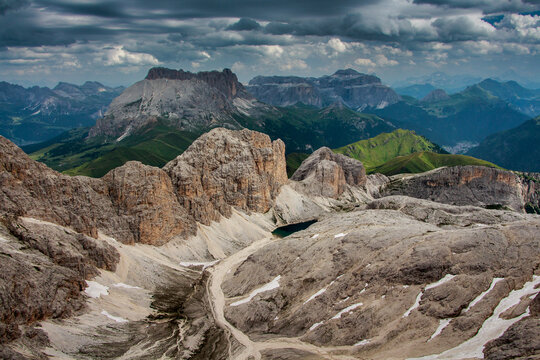 View  from Catinaccio d`Antermoia summit, Antermoia Lake Dolomites, Italy