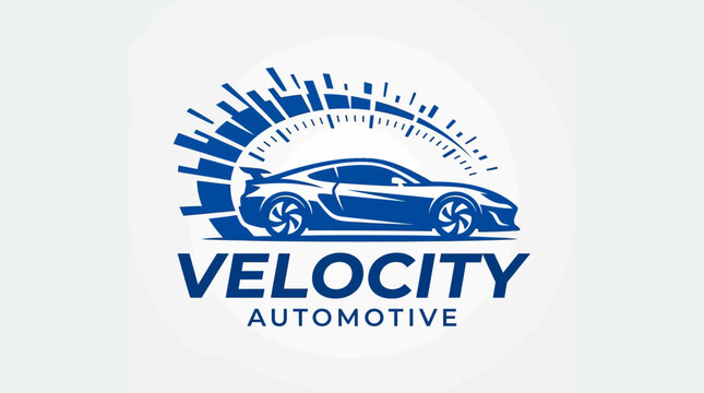 Sleek blue sports car with speedometer graphic and Velocity Automotive text.