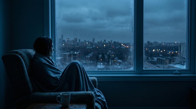 Unhappy girl suffering from insomnia and anxiety looking out frozen window pane experiencing severe sleep loss