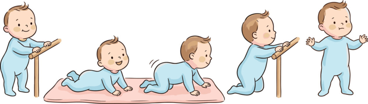 Baby growth milestones collection with crawling standing and walking stages cartoon child vector illustration set