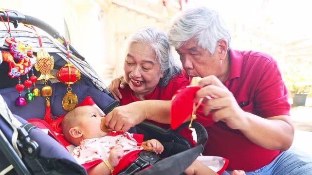 Grandparents took their infant grandson celebrate Chinese New Year visiting Chinese temple and playing with him in a stroller using Chinese doll decorate the stroller and shaking red envelopes as toy.