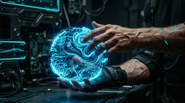 Close up on a man's hands physically sculpting and shaping a fluid, suspended sphere of glowing neon blue data streams in mid-air, as if it were soft clay, dark minimalist background, high-end tech in