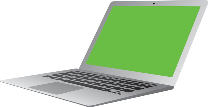 A sleek, modern silver laptop computer is depicted with its screen open, displaying a vibrant green color, isolated on a white background.