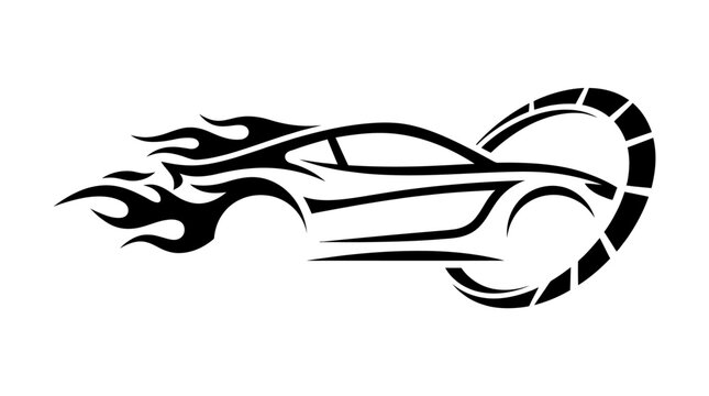 Stylized sports car with flames and tire track.