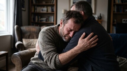 Fototapeta premium Middle Aged Man Crying and Embracing a Friend for Support in a Living Room Setting