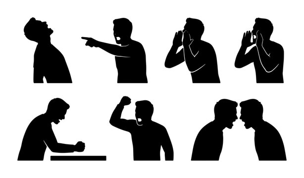 Set of 8 Diverse Human Emotion Silhouettes, Expressing Anger, Frustration, and Outrage. Vector Graphics for Communication Concepts, Conflict Scenarios, and Social Commentary.