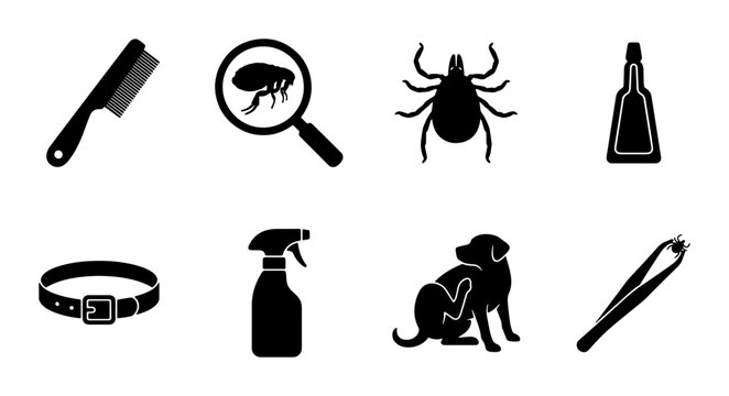 Pest Control Icons Set: Flea, Tick, Dog, Collar, Spray, Tweezers, Comb, Magnifying Glass, Veterinary Medicine Bottle