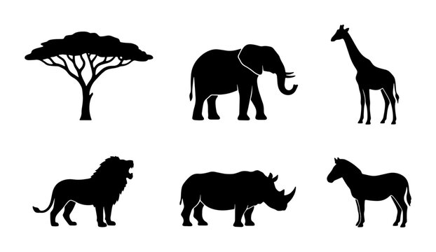 African Wildlife Silhouettes: Elephant, Lion, Rhino, Giraffe, Zebra, Acacia Tree Icons for Safari and Nature Designs