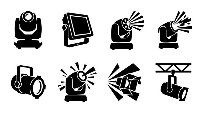 Stage Lighting Icons Set: Spotlight, Par Can, Moving Head, Truss Mount, Beam Effects