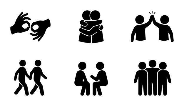Friendship and Connection Icons: Hugging, High Five, Talking, Group, Sign Language, Walking Together