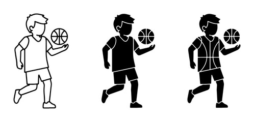 Fototapeta premium Basketball Player Icons: Line Art, Solid Silhouette, and Detailed Vector Graphics