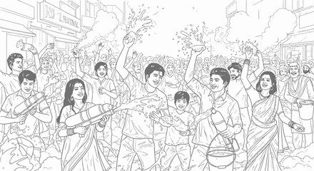 Obraz premium Holi Festival Celebration Illustration with People Playing with Water Guns and Colors
