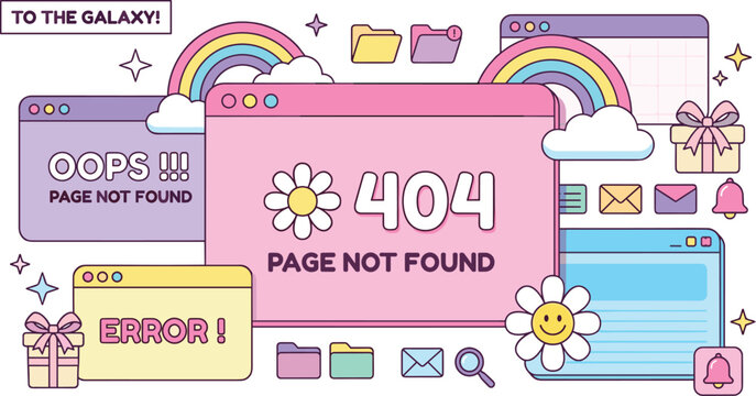 Cute pastel 404 error page design with retro browser windows rainbow clouds flowers and kawaii user interface elements