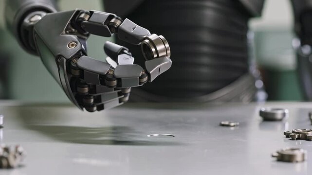 Robotic hand with articulated fingers picking up small metal component on work surface