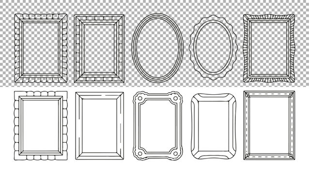 For imaginative design projects, a selection of hand-drawn doodle picture frames with scalloped rectangular and oval borders are available.