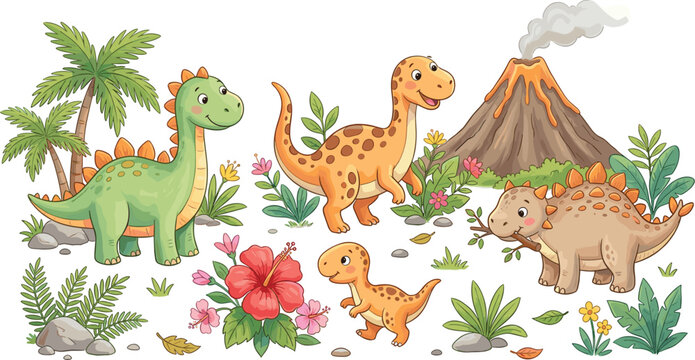 Cute dinosaur cartoon scene with volcano tropical plants and prehistoric animals vector illustration for kids