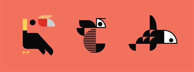 Creative minimalist geometric illustration set featuring stylized animal icons including a hornbill bird, bee, and killer whale. Flat vector-inspired design suitable for logos, branding, educational m © sofian
