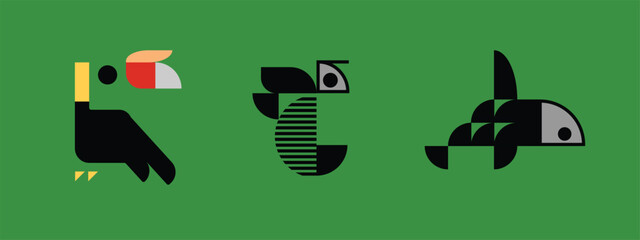 Creative minimalist geometric illustration set featuring stylized animal icons including a hornbill bird, bee, and killer whale. Flat vector-inspired design suitable for logos, branding, educational m © sofian