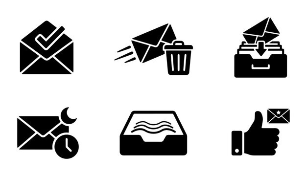 Email Icons Set: Inbox, Sending, Trash, Notification, Thumbs Up, Vector Graphics for Communication and Business