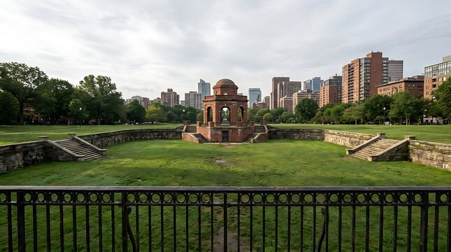 The historic brewer fountain and sunken garden in the boston common park with city skyline in the background, massachusetts