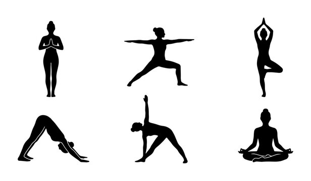 Yoga Poses Silhouettes: 6 Diverse Asanas for Wellness, Fitness, and Meditation. Vector Icons for Health and Balance.
