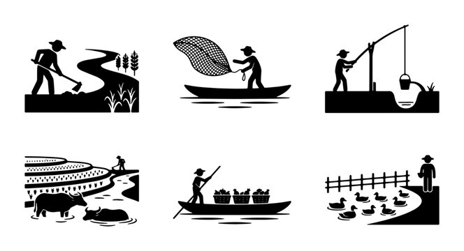 Rural Farming Scenes, Agricultural Labor, Water Buffalo, Duck Pond, Rice Terraces, River Boat Harvest, Traditional Countryside Illustrations