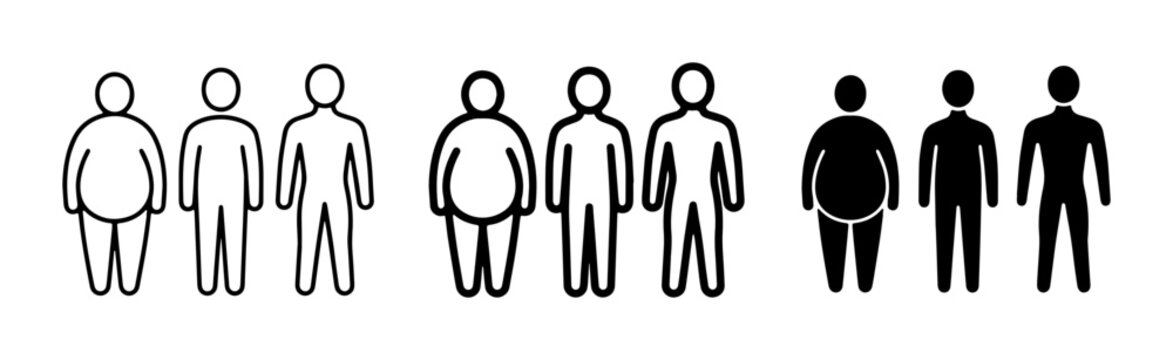 Body Mass Index Icons, Human Silhouette Variations, Obesity Scale, Health Status, Weight Categories Vector Set