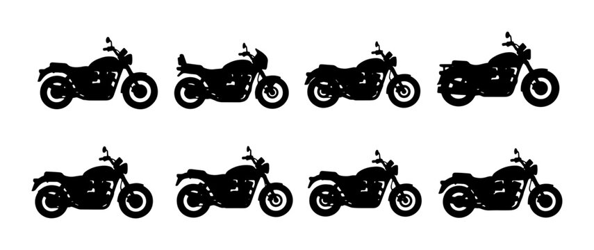 Motorcycle Silhouettes Collection, Eight Diverse Cruiser Bike Icons, Vector Graphics for Transport and Lifestyle Themes