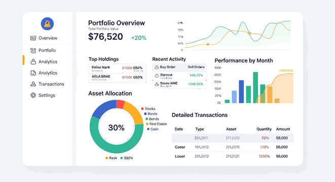 Financial portfolio overview dashboard shows asset allocation and performance by month in detail