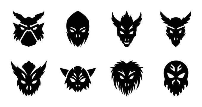 Mysterious Tribal Masks Vector Icons Set, Ancient Spirit Faces, Dark Fantasy Character Emblems, Black Silhouette Symbols