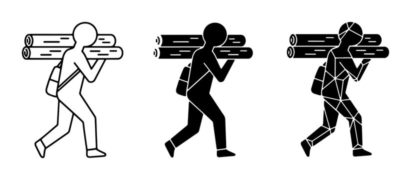 Woodcutter carrying logs, silhouette, icon set, lumberjack carrying timber, forest industry, resource gathering