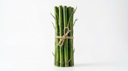 Obraz premium Fresh green bamboo stalks tied with twine rope, organic bamboo bundle on white background, natural wood poles for spa and wellness decor