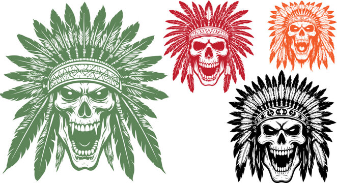 Vintage skull wearing native american headdress, set of 4 tribal feathered war bonnet skull vectors, aggressive warrior skull mascot illustrations