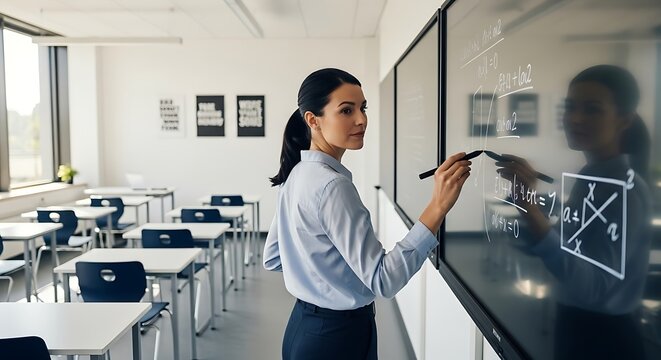 Teacher writing on glass board in classroom.